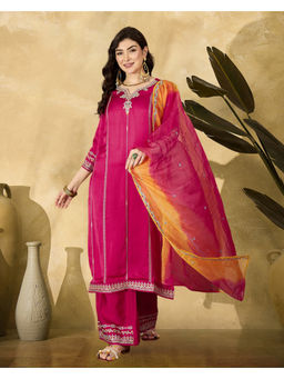 KVS FAB - Pink Zari Sequence Thread Cording Embroidered Kurta With Pant And Dupatta
