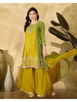 KVS FAB - Yellow And Green Shaded Zari Sequence Embroidered Kurta With Palazzo And Dupatta