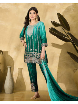 KVS FAB - Firoji-Green Shaded Zari Sequence Cording Embroidered Kurta With Pant And Dupatta