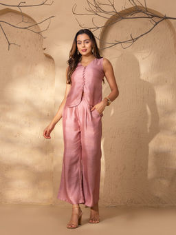 Mabish By Sonal Jain - Pink Rounded Waist Coat and Flared Pant