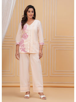 Zolo Label - Peach Cotton Embroidered V Neck Shirt and Pants Co-Ord Sets