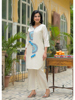 Zolo Label - White Cotton Blue Embroidered Co-Ord Sets