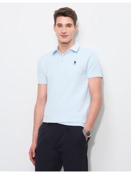 U.S. POLO ASSN. - Blue Polyester Self Design Polo T-Shirt