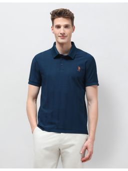 U.S. POLO ASSN. - Blue Cotton Self Design Polo T-Shirt