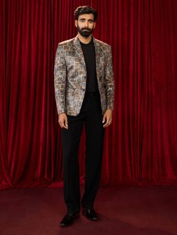 Vastramay - Beige Velvet Printed Blazer With Pant