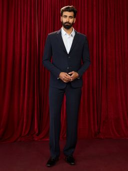 Vastramay - Navy Blue Synthetic Solid Blazer With Pant