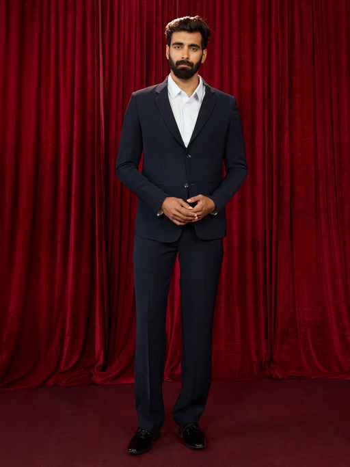 Vastramay Navy Blue Synthetic Solid Blazer With Pant
