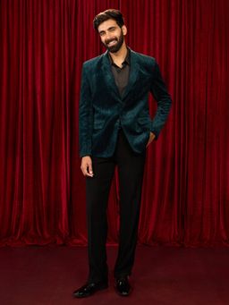 Vastramay - Green Velvet Embroidered Blazer With Pant