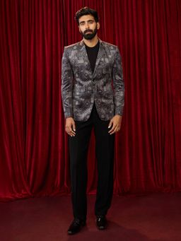 Vastramay - Black Velvet Printed Blazer With Pant