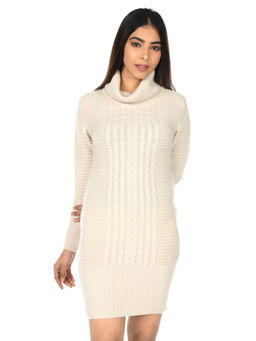 Creative Line - Women Fawn Solid High Neck Knitted Wool Blend Stylish Dress