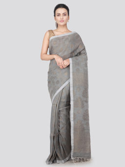 PinkLoom - Womens Linen Jamdani Saree with Unstitched Blouse-Grey