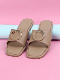 max - Women Beige Solid Buckle Flats