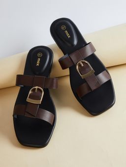 max - Women Brown Solid Double Strap Flats