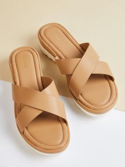 max - Women Beige Cross Strap Wedges Heels