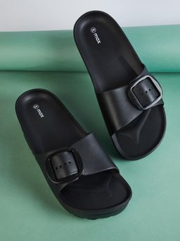 max - Women Black Buckle Sliders