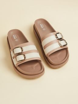 max - Women Beige Double Buckle Sliders
