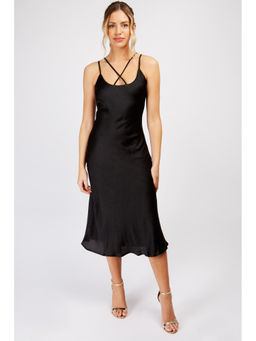 Trendyol - Black Satin Midi Dress With Criss Cross Neckline