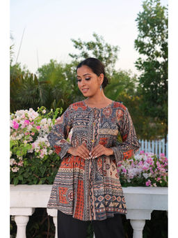 KAFTANIZE - Grey Orange Printed Tunic with Tie Up Detail At Neck