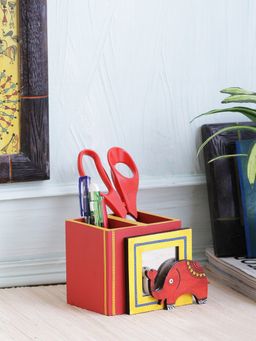 VarEesha - Red Elephant Wooden Desk Organizer Pen Stand