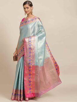 Silk Land - Pure Kanjeevaram Woven Blue Saree with Unstitched