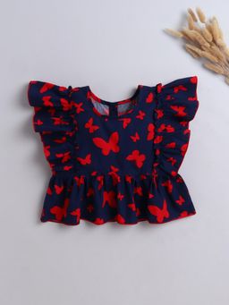 The Magic Wand - Cotton Butterfly Printed Frill Top - Navy Blue