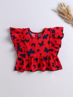The Magic Wand - Cotton Butterfly Printed Frill Top - Red