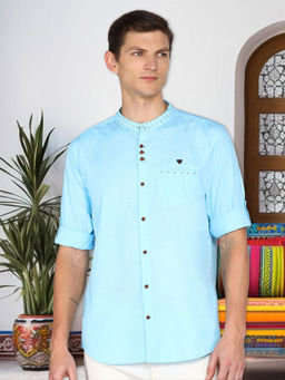 KUONS AVENUE - Blue Men's Mandarin Collar Linen Cotton Shirt