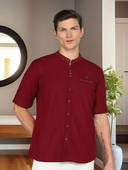 KUONS AVENUE - Maroon Men's Mandarin Collar Linen Cotton Shirt