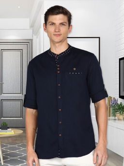 KUONS AVENUE - Indigo Men's Mandarin Collar Linen Cotton Shirt