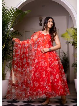 The Traditional Label - Red Floral Organza Suit (Set of 3)