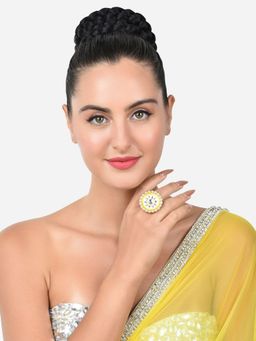 Zaveri Pearls - Yellow & White Meenakari Ethnic Kundan Finger Ring-ZPFK15224