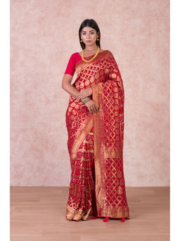 KISHORI - Womens Bandhani and Banarasi Saree and Blouse Fabric-Maroon