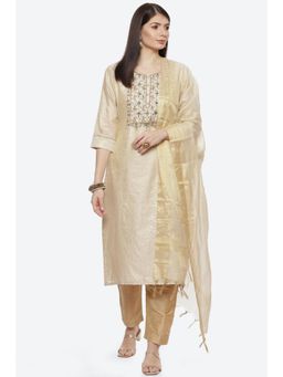 Biba - Beige Silk Unstitched Suit (Set of 3)
