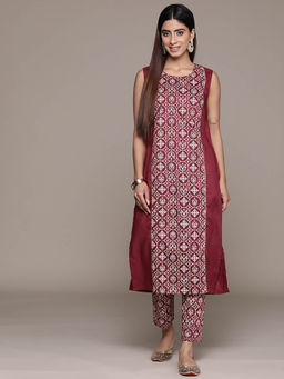 Ziyaa - Women Red Chinon Straight Kurta with Pant (Set of 2)
