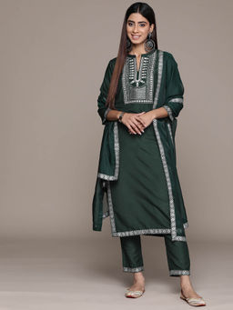 Ziyaa - Women Green Chinon Straight Kurta with Pant & Dupatta (Set of 3)