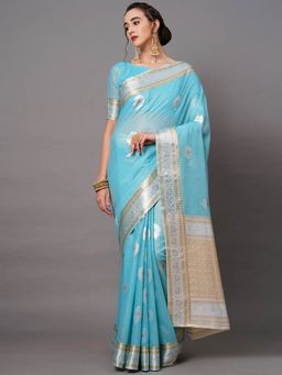 Odette - Sky Blue Festive Silk Blend Woven Design Saree with Unstitched Blouse