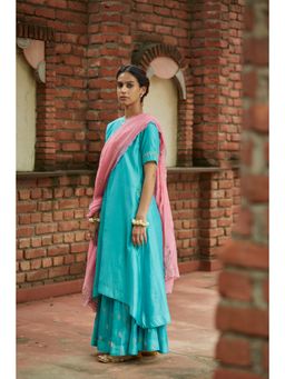 Vashisht Guru Dutt - Blue Chanderi Embroidered Kurta with Palazzo (Set of 3)