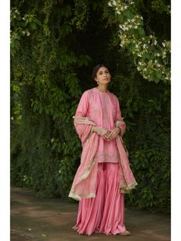 Vashisht Guru Dutt - Pink Embroidered Kurta with Sharara and Silk Dupatta (Set of 3)
