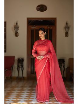 Vashisht Guru Dutt - Pink Organza Scalloped Embroidered Saree with Stitched Blouse