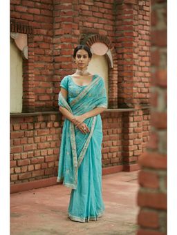 Vashisht Guru Dutt - Blue Chanderi Silk Tissue Embroidered Saree with Stitched Blouse