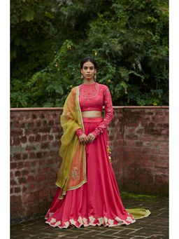 Vashisht Guru Dutt - Coral Embroidered Blouse with Lehenga and Dupatta (Set of 3)