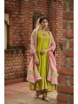 Vashisht Guru Dutt - Olive Embroidered Anarkali and Palazzo and Dupatta (Set of 3)