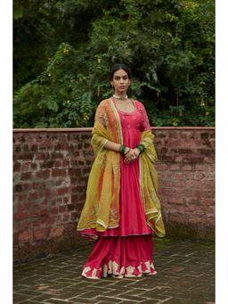 Vashisht Guru Dutt - Coral Embroidered Anarkali with Sharara and Dupatta (Set of 3)