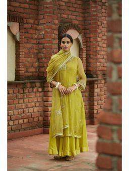 Vashisht Guru Dutt - Green Silk Embroidered Kurta with Palazzo and Dupatta (Set of 3)