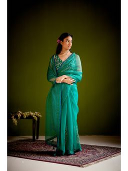 Vashisht Guru Dutt - Green Silk Organza Block Printed Embroidered Saree with Stitched Blouse