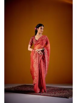 Vashisht Guru Dutt - Rust Printed Embroidered Saree with Stitched Blouse