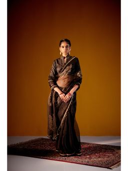 Vashisht Guru Dutt - Black Organza Printed Embroidered Saree with Stitched Blouse