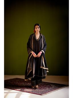 Vashisht Guru Dutt - Black Block Printed Anarkali with Dupatta and Pant (Set of 3)