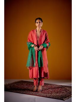 Vashisht Guru Dutt - Rust Woven Chanderi Panelled Kurta with Dupatta and Pant (Set of 3)