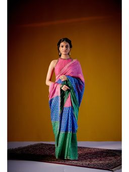 Vashisht Guru Dutt - Multicolour Block Printed Saree with Stitched Blouse